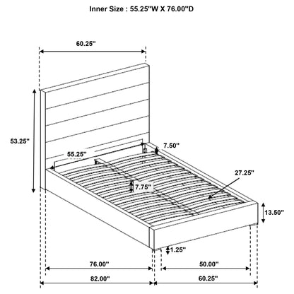 Dulcey Platform Bed upholstered bed by HouseOfZazla - dimensioned blueprint showing 82in length and 60.25in width on Tampa Home & Garden Store