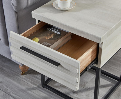 Astral 3-Piece Bedroom Set light gray wood nightstand with open drawer showing a magazine, black metal legs HouseOfZazla on Tampa Home & Garden Store