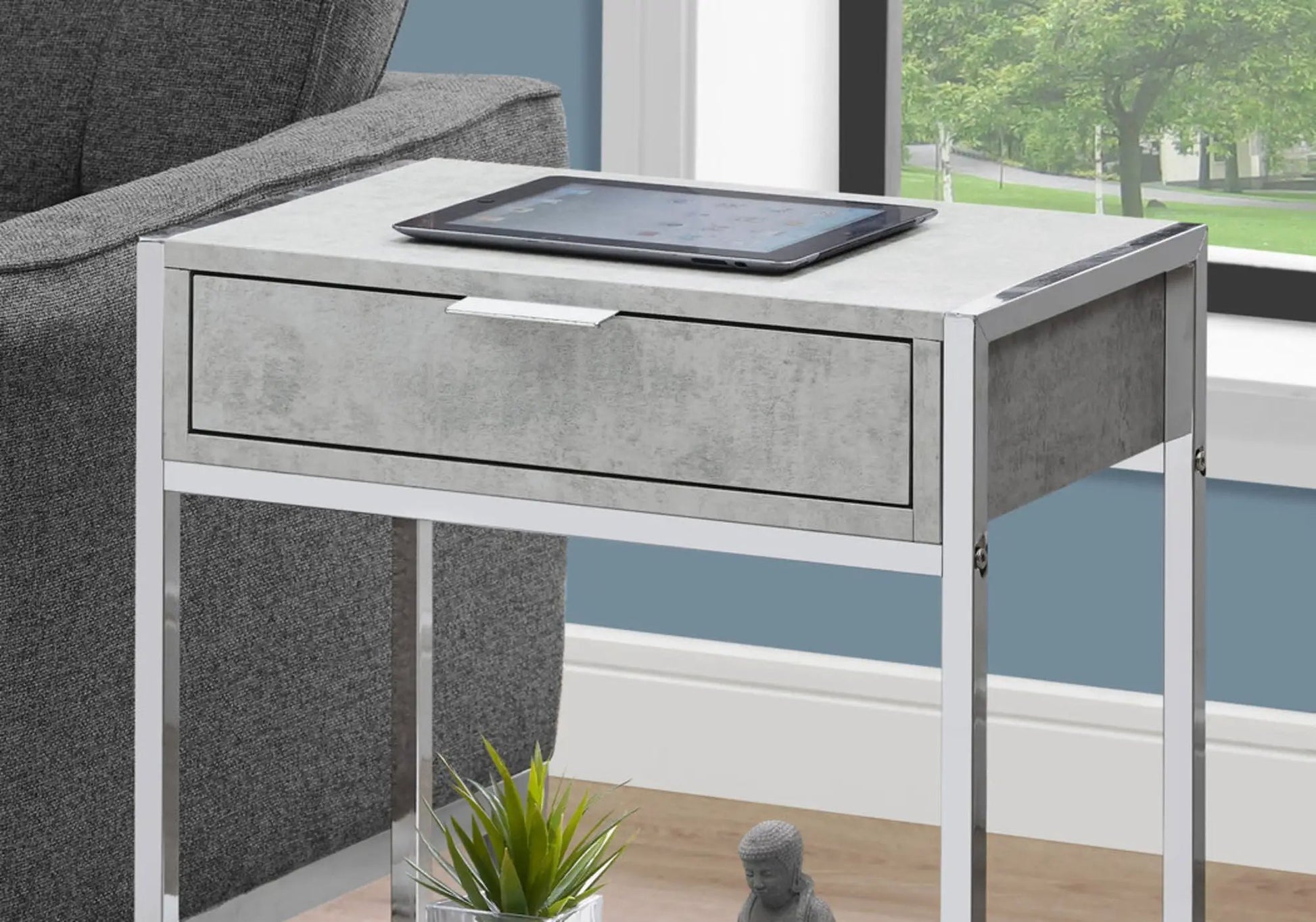 Accent Side Table with chrome frame and concrete drawer, roomy top by Unique Piece Furniture on Tampa Home & Garden Store
