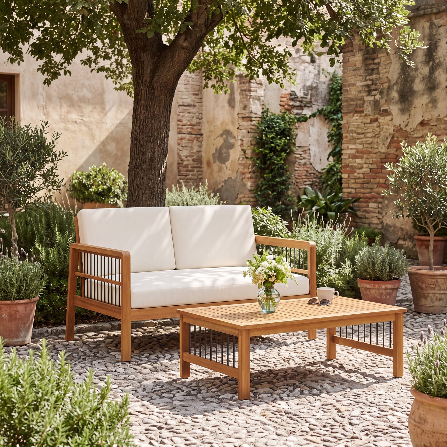 Outdoor Acacia Wood Loveseat and Coffee Table Set