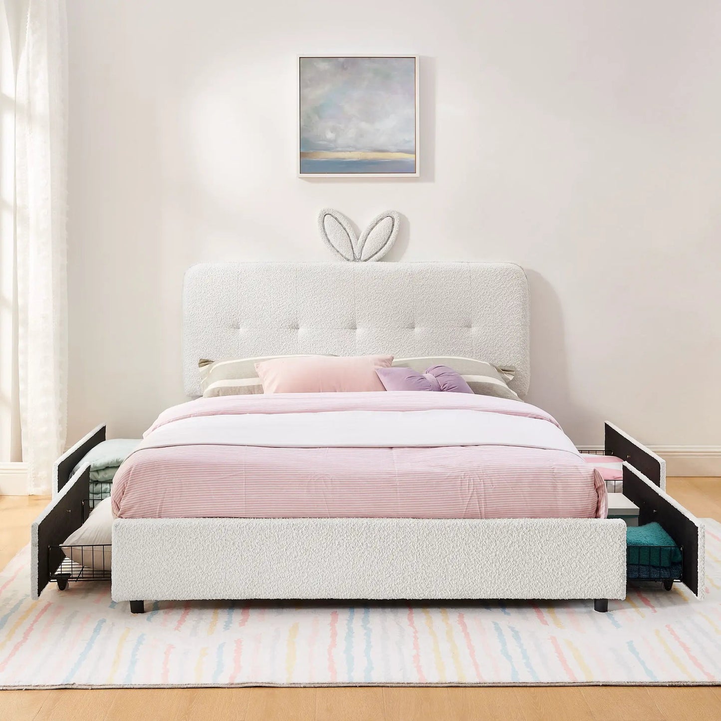 Upholstered Bed with Rabbit Ear Headboard and LED