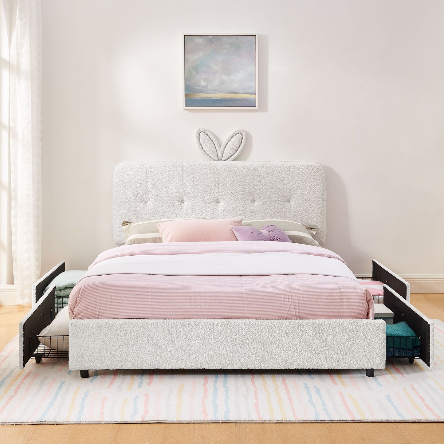 Upholstered Bed with Rabbit Ear and Led Drawers