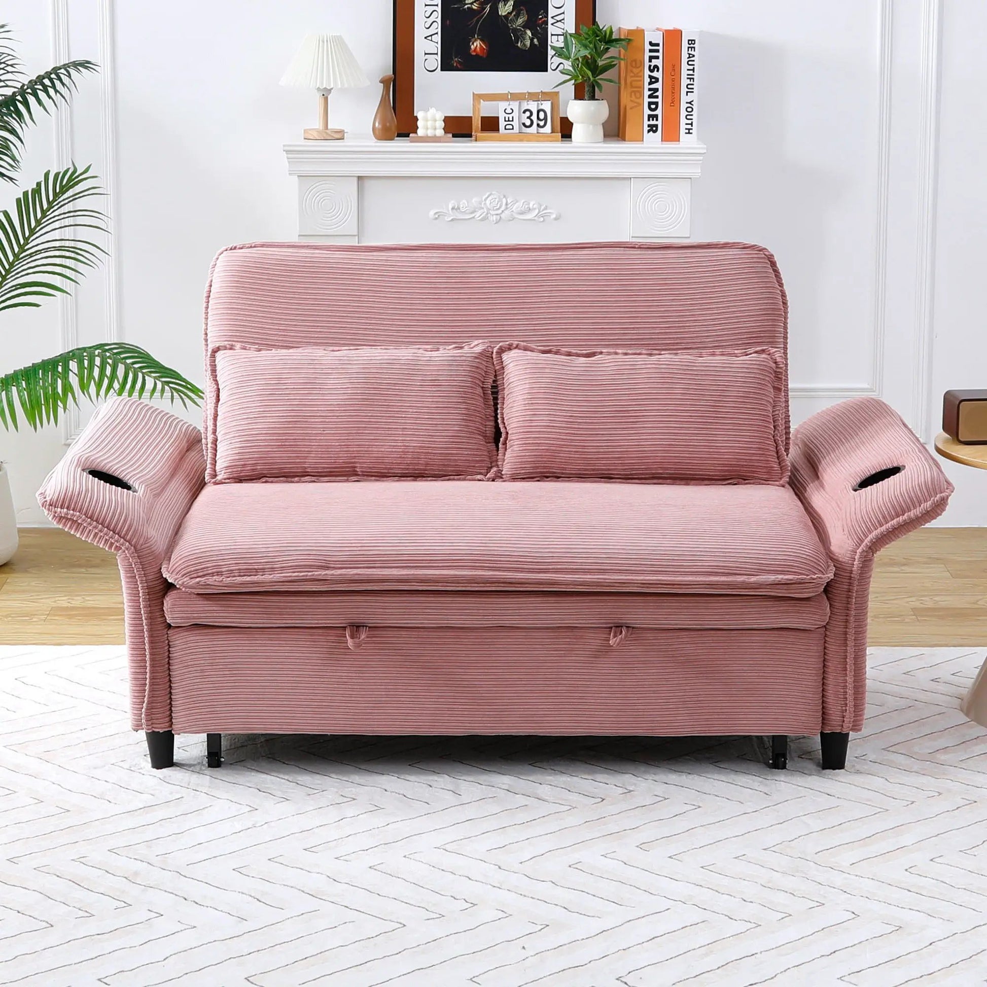 Dusty rose corduroy sleeper sofa with adjustable arms, plush cushions, in a bright living room on Tampa Home & Garden Store