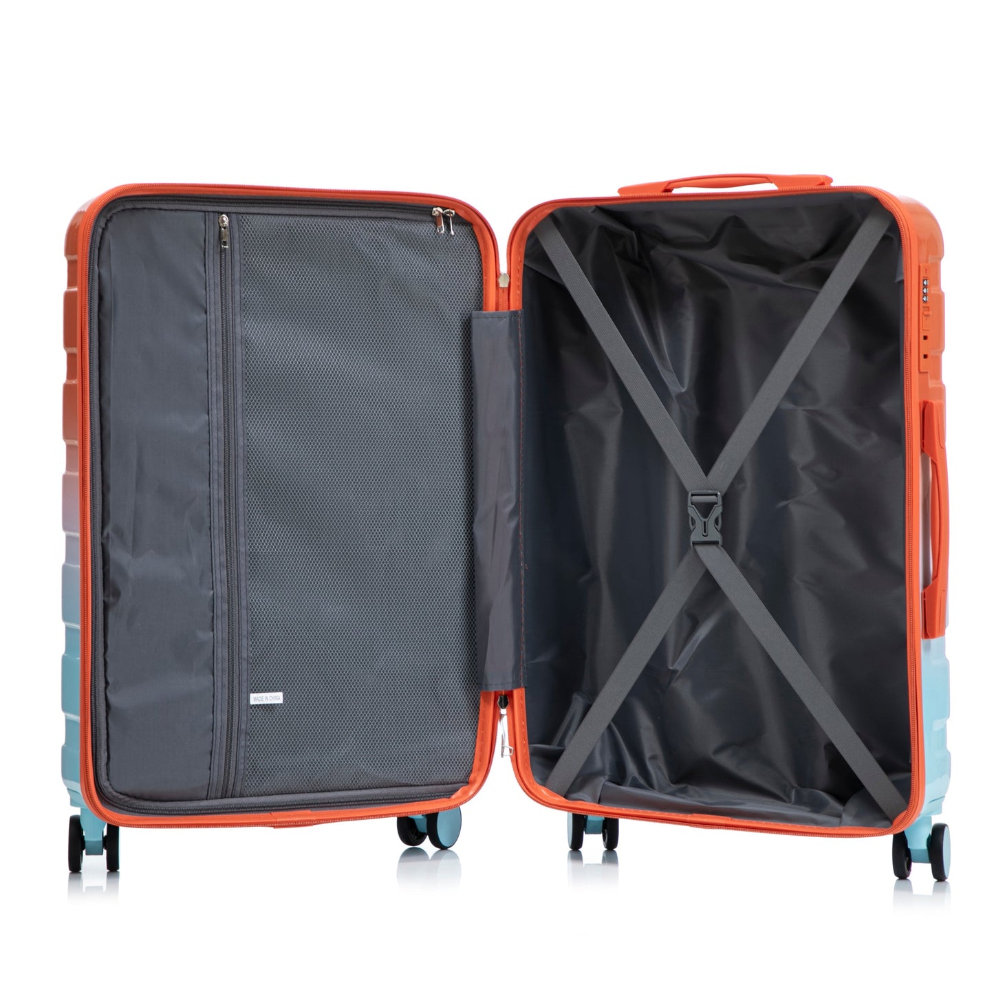 3-Piece Gradient Spinner Luggage Set orange-teal exterior, gray interior by HouseOfZazla on Tampa Home & Garden Store