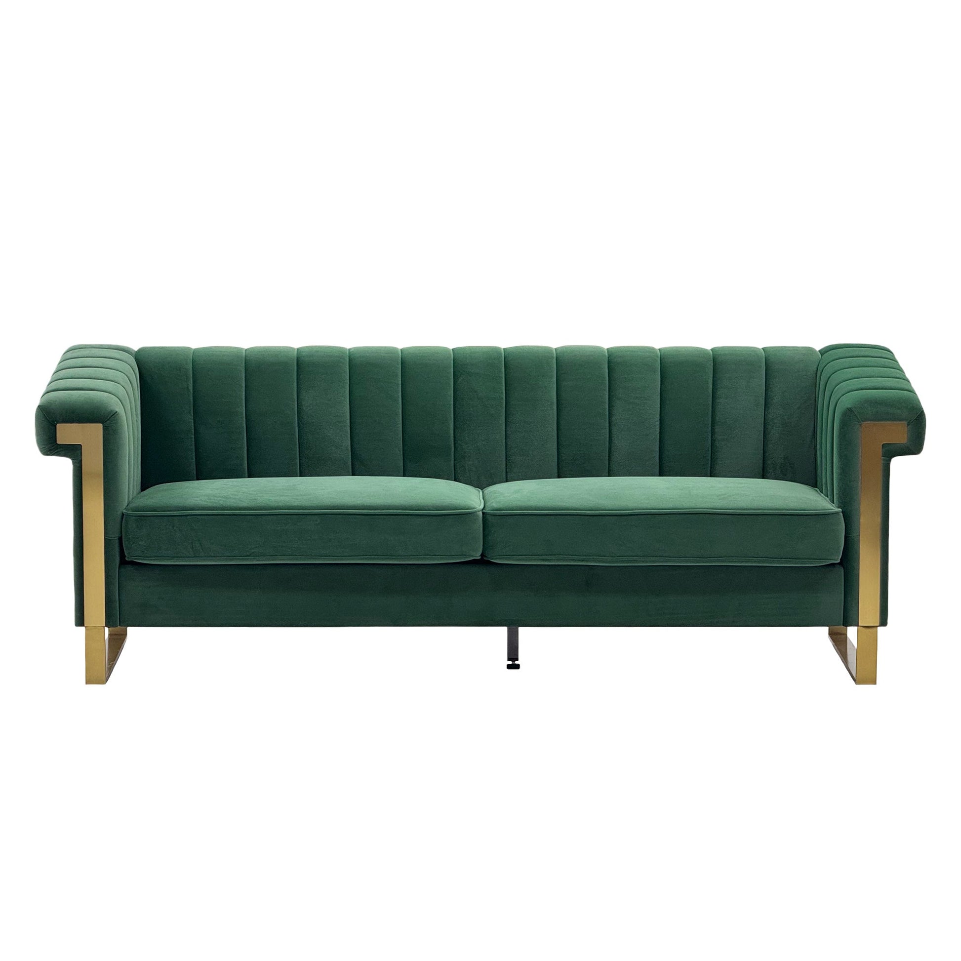 Velvet sofa FX-P81B-RG emerald green with gold metal accents by HouseOfZazla on Tampa Home & Garden Store