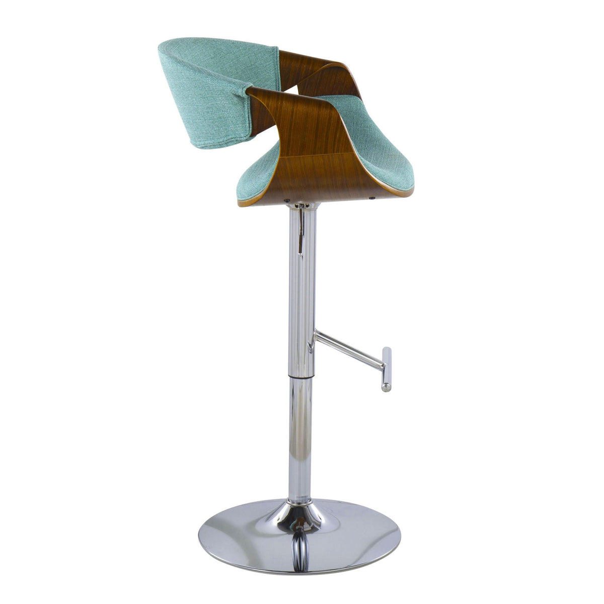 Mid-Century adjustable barstool with teal fabric seat and wood shell chrome pedestal base on Tampa Home & Garden Store