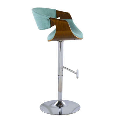 Mid-Century adjustable barstool with teal fabric seat and wood shell chrome pedestal base on Tampa Home & Garden Store