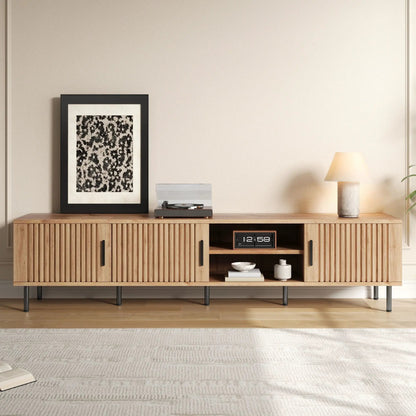 78-inch natural wood TV stand with closed storage and slatted doors framed art nearby on Tampa Home & Garden Store