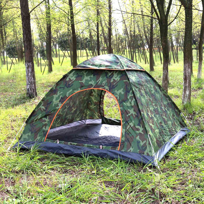 GemGear 4-person camo pop-up camping tent with orange trim and mosquito net doors in forest on Tampa Home & Garden Store