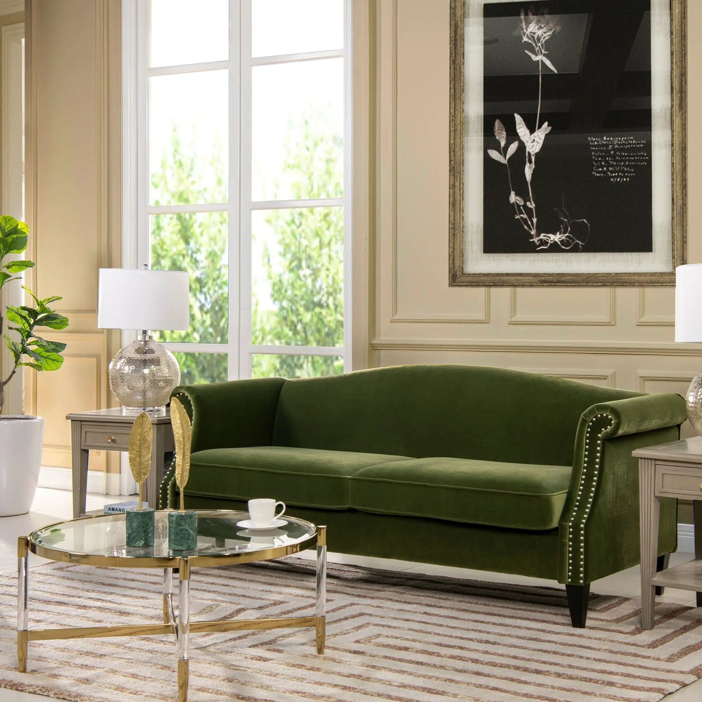 Elaine Camel Back Small Space Sofa in green velvet with nailhead trim on Tampa Home & Garden Store