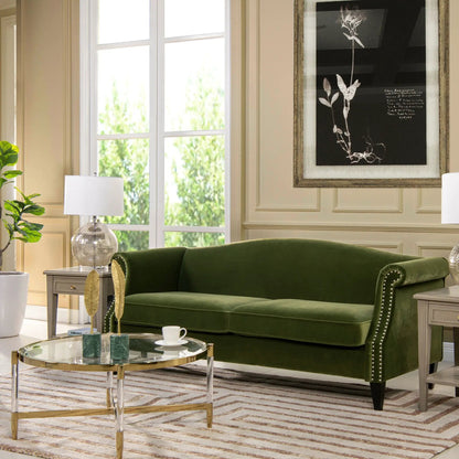 Elaine Camel Back Small Space Sofa in green velvet with nailhead trim on Tampa Home & Garden Store