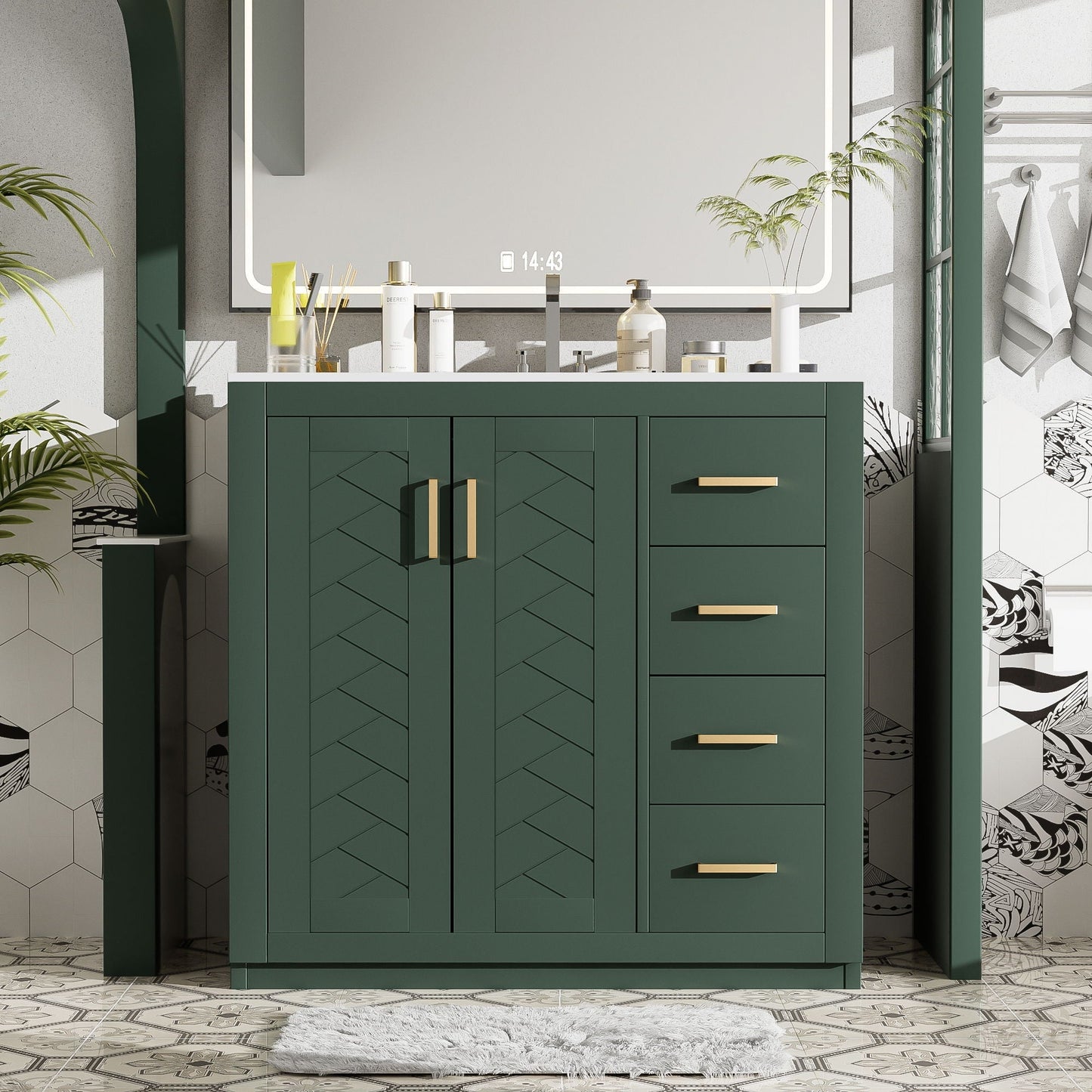 Bathroom vanity by HouseOfZazla with sink, green 3-drawer cabinet and soft-close doors on Tampa Home & Garden Store