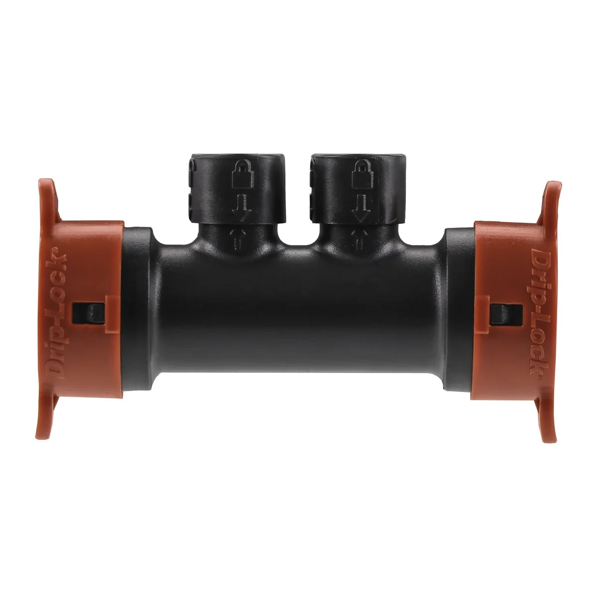Half Inch by Quarter Inch Drip 2-Port Manifold Orbit Drip-Lock black body with orange ends on Tampa Home & Garden Store