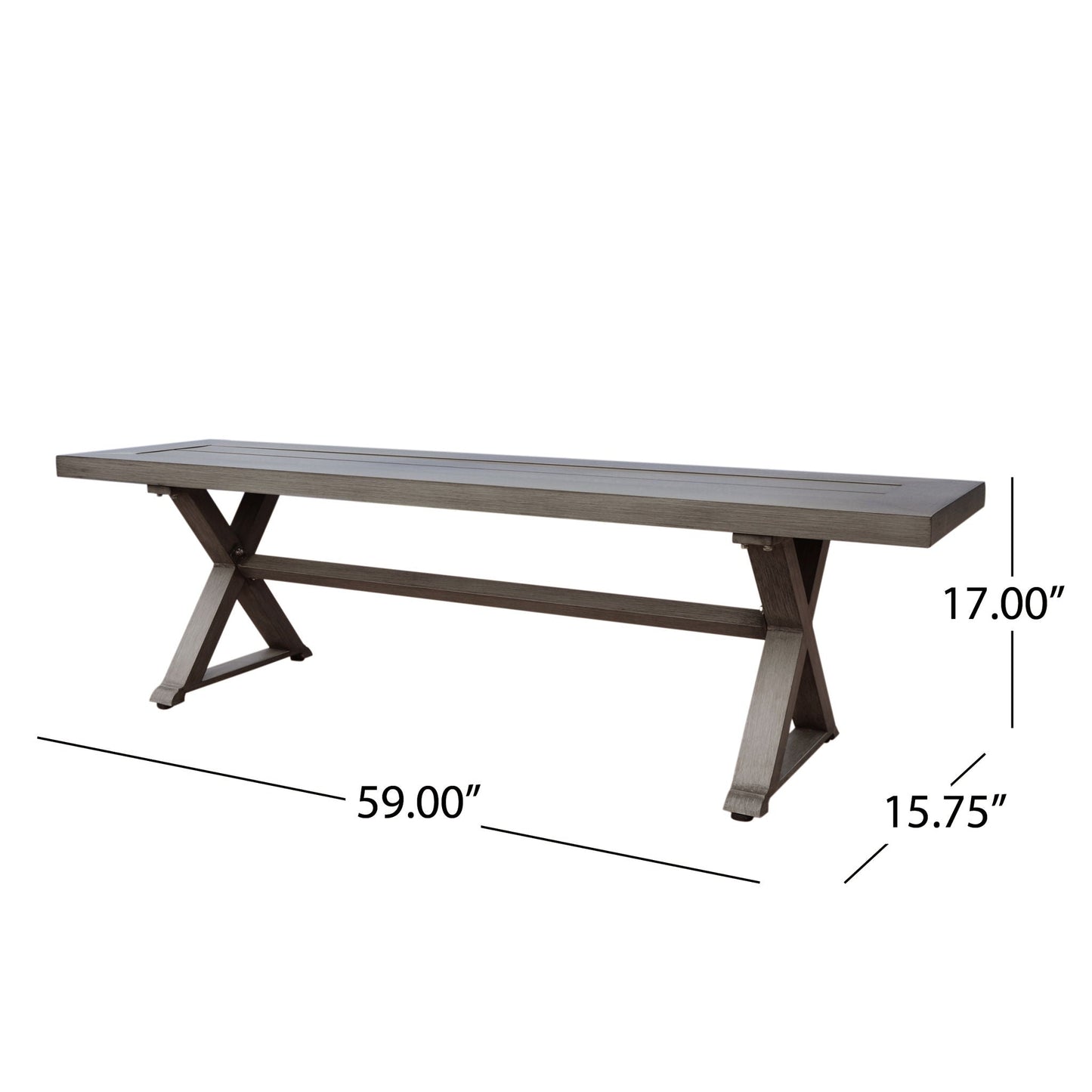 Modern aluminum outdoor dining bench with X base in dark gray by HouseOfZazla on Tampa Home & Garden Store