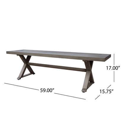 Modern aluminum outdoor dining bench with X base in dark gray by HouseOfZazla on Tampa Home & Garden Store