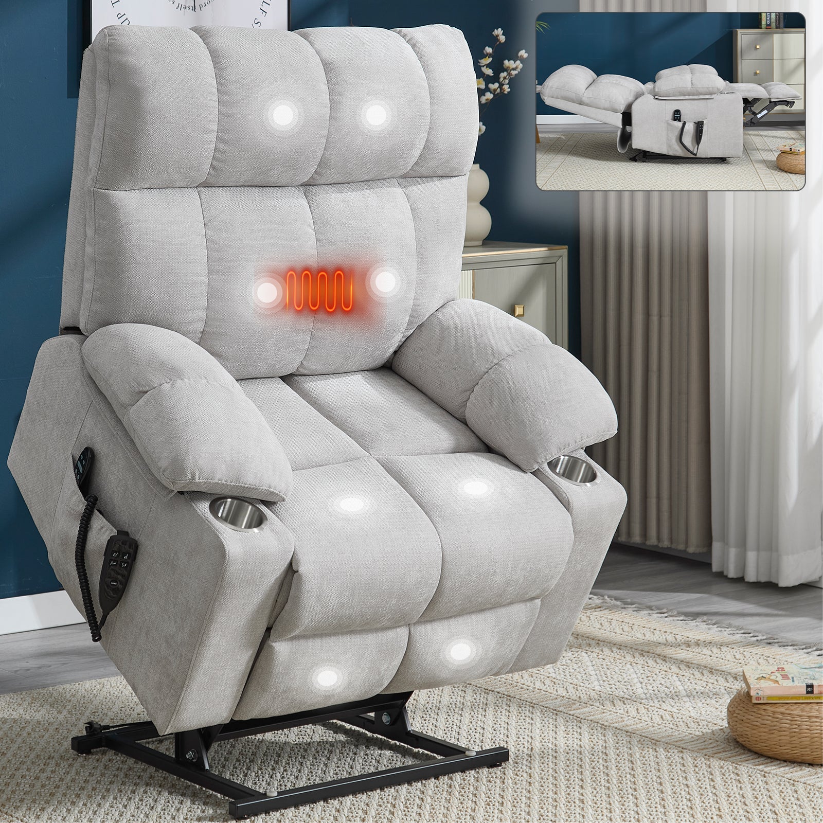 Beige fabric dual motor power lift recliner chair with padded arms and cup holders on Tampa Home & Garden Store