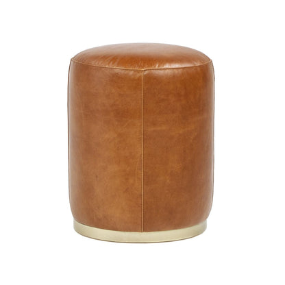Brown leather round ottoman stool with brass base by HouseOfZazla Storage Ottomans on Tampa Home & Garden Store