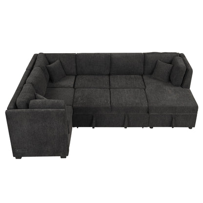 U-shaped sleeper sectional sofa in dark gray fabric with storage chaise and three back pillows on Tampa Home & Garden Store