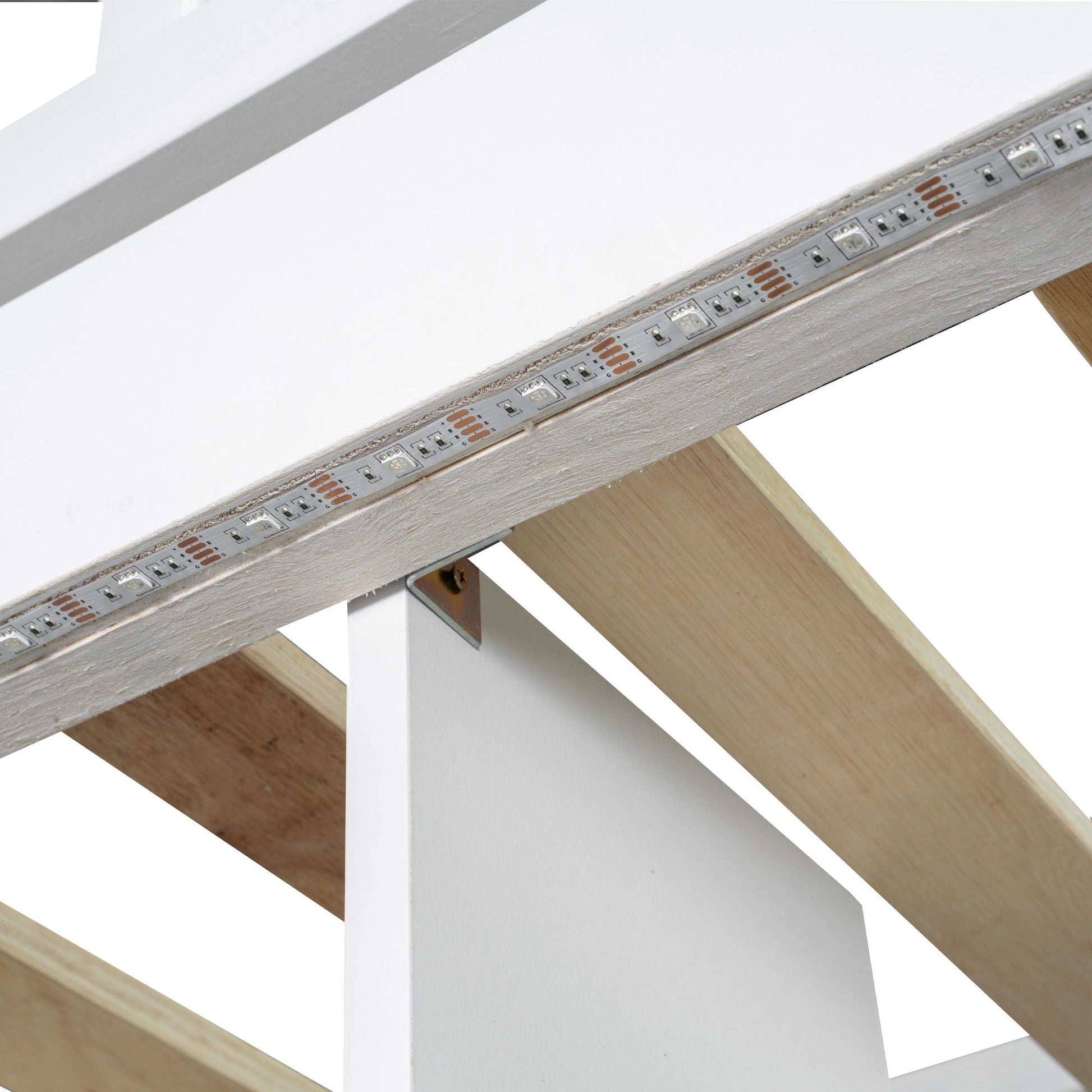 Loft bed frame with built-in LED light strip along white beam and wood support on Tampa Home & Garden Store