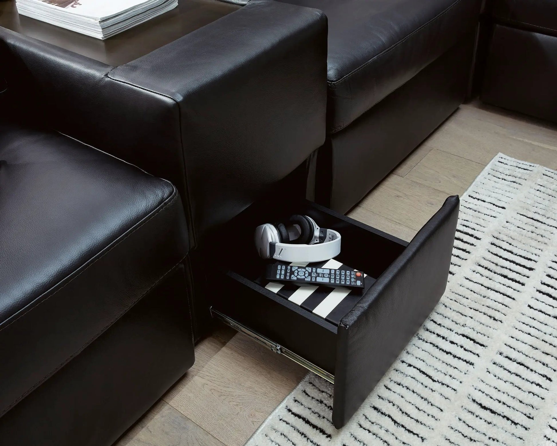 ModMax II Sectional black leather stationary sofa with storage console by Unique Piece Furniture on Tampa Home & Garden Store
