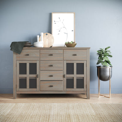 Solid Wood Sideboard Buffet and Glass Storage in light oak finish with plates and bowls on Tampa Home & Garden Store