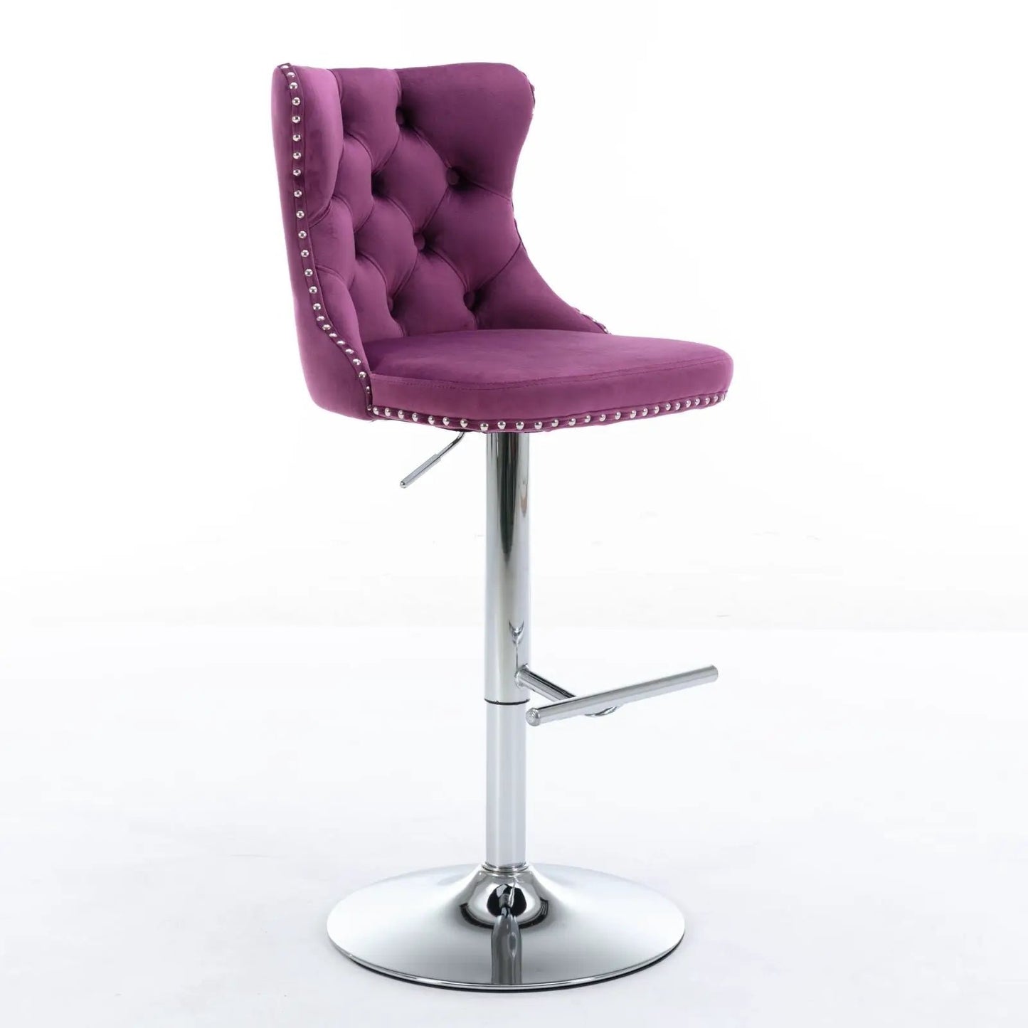 Purple tufted swivel bar stool with chrome pedestal base, nailhead trim, adjustable height on Tampa Home & Garden Store