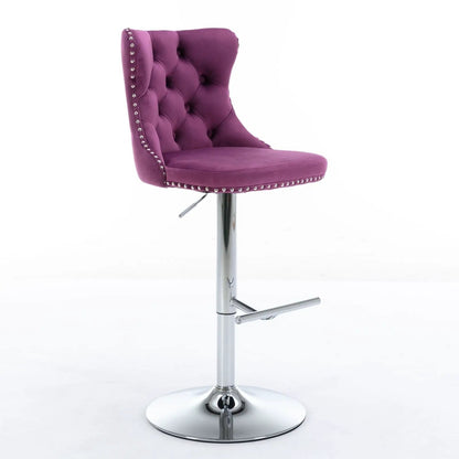 Purple tufted swivel bar stool with chrome pedestal base, nailhead trim, adjustable height on Tampa Home & Garden Store
