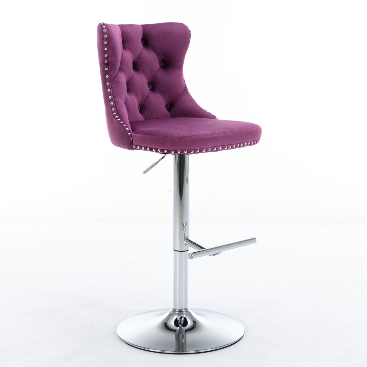Purple tufted swivel bar stool with chrome pedestal base and nailhead trim on Tampa Home & Garden Store