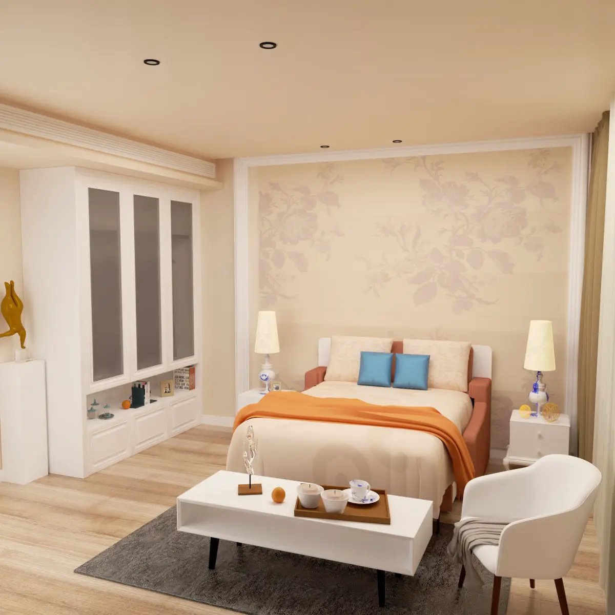 Vertical Murphy bed with sofa in white, orange throw and blue cushions in a modern bedroom on Tampa Home & Garden Store