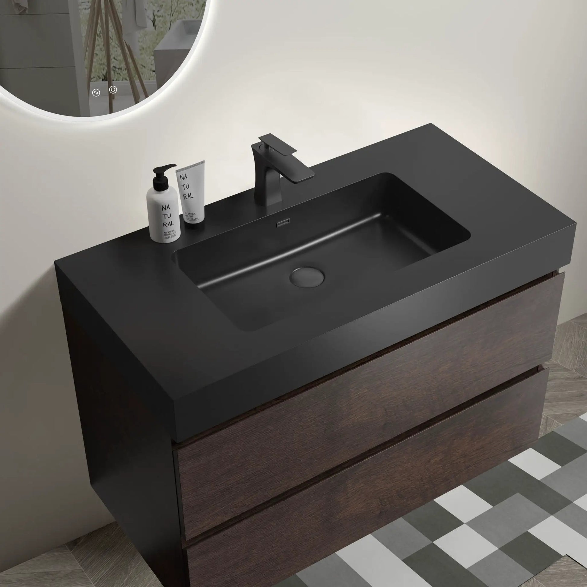 Alice wall-mounted bathroom vanity with sink, black matte countertop and storage cabinet on Tampa Home & Garden Store