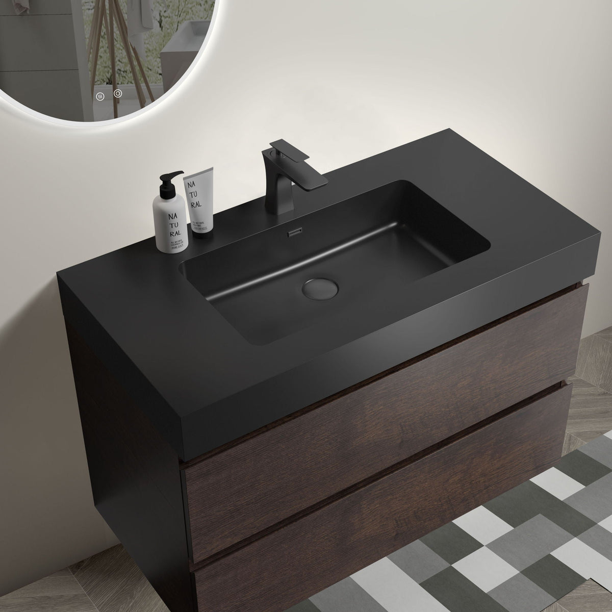 Alice wall-mounted vanity with integrated sink in black finish and a matte black faucet on Tampa Home & Garden Store