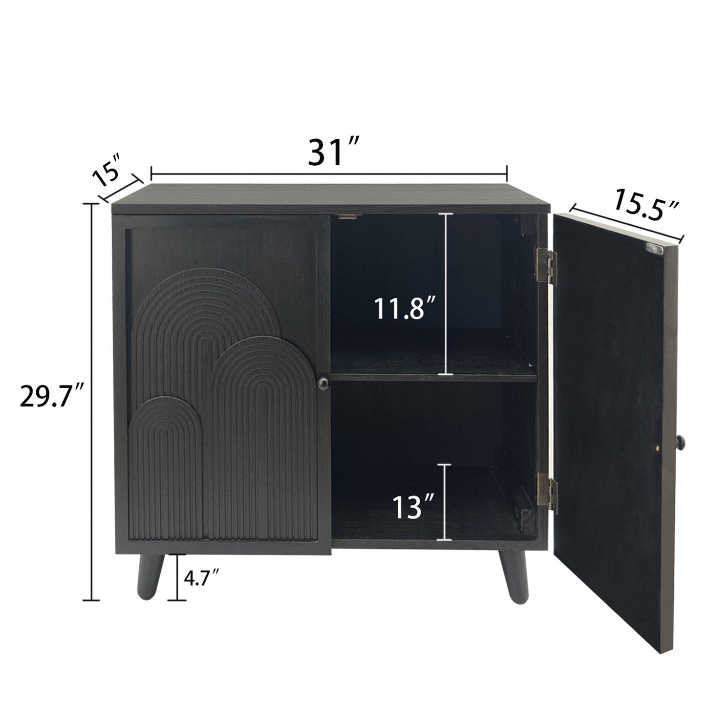 Modern black wood storage cabinet with embossed door; left embossed panel, right shelf, legs on Tampa Home & Garden Store