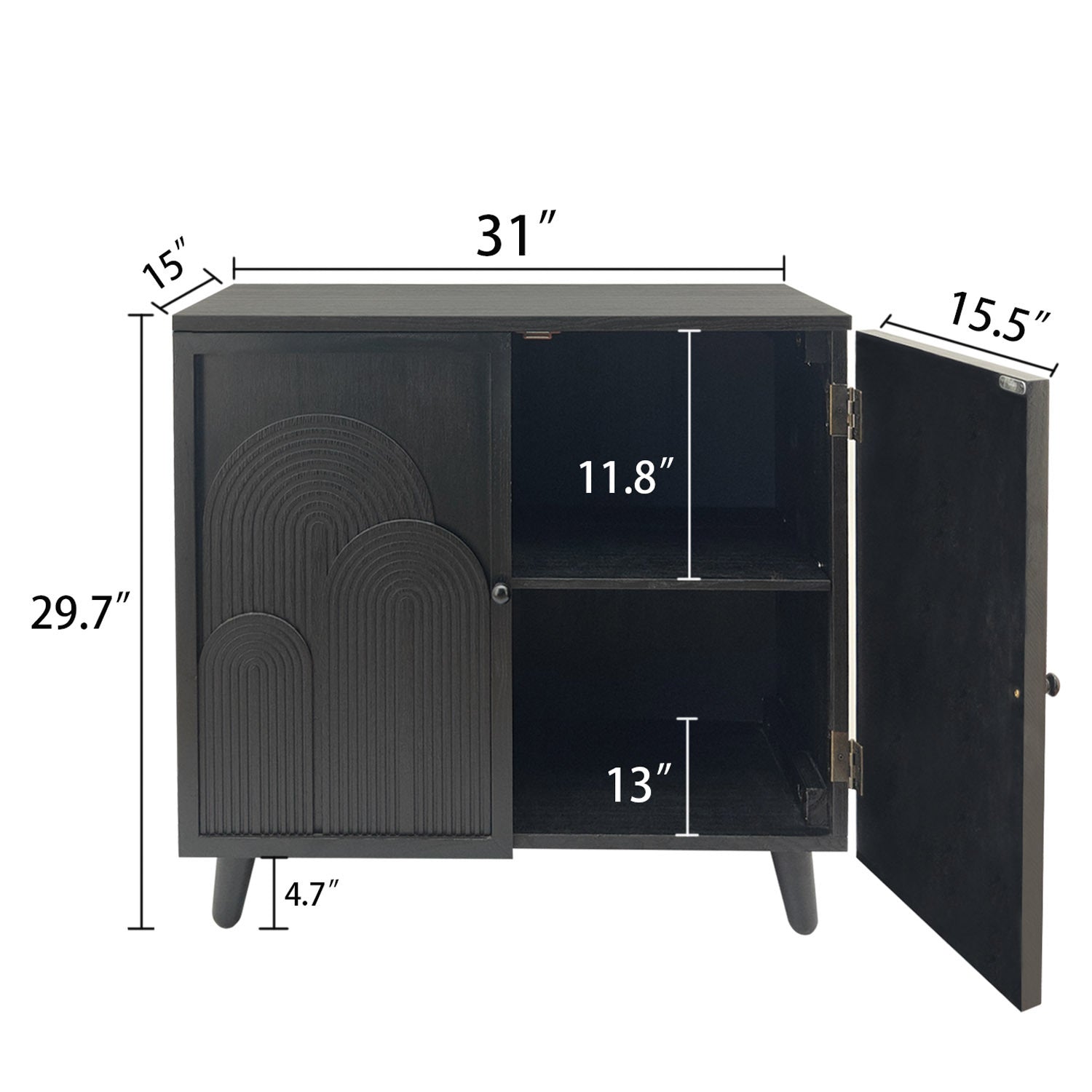 Modern black wood storage cabinet with embossed door; left embossed panel, right shelf, legs on Tampa Home & Garden Store