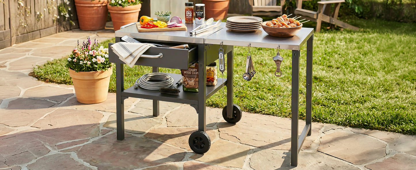 Outdoor kitchen cart foldable prep station in gray steel with wheels and hooks on Tampa Home & Garden Store