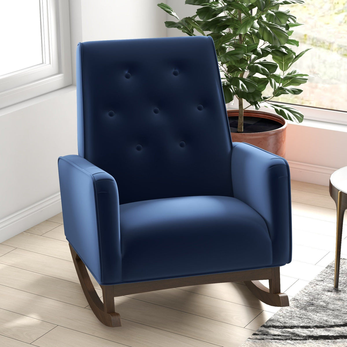 Demetrius Solid Wood Rocking Chair navy blue with tufted back and curved wooden rockers on Tampa Home & Garden Store