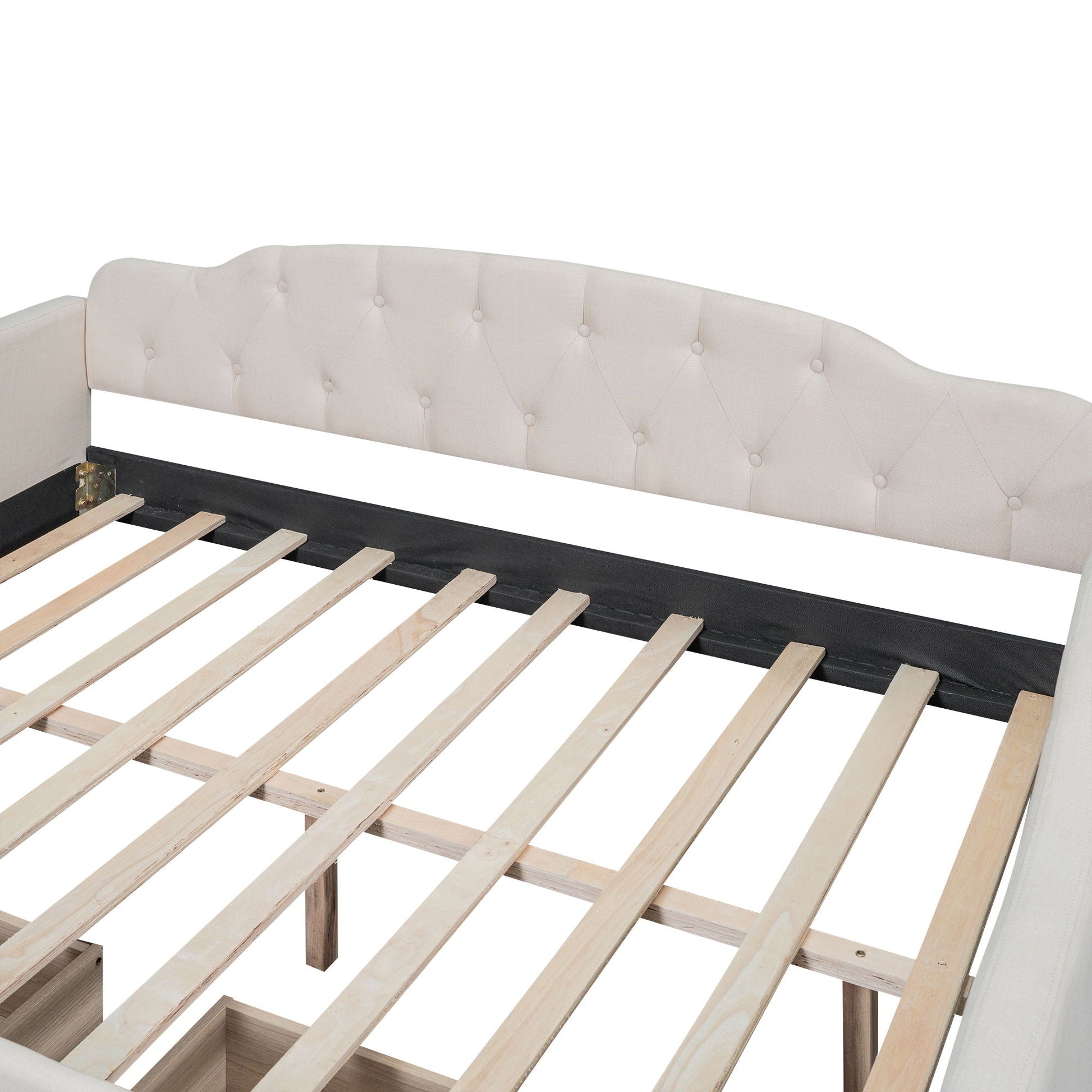 Upholstered Tufted Daybed headboard in ivory fabric with diamond tufting and wooden slat base on Tampa Home & Garden Store
