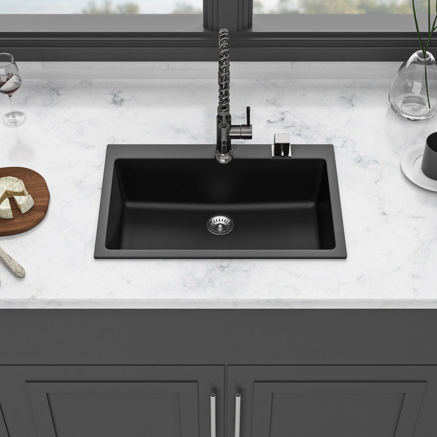 Black Quartz Composite Drop In Kitchen Sink