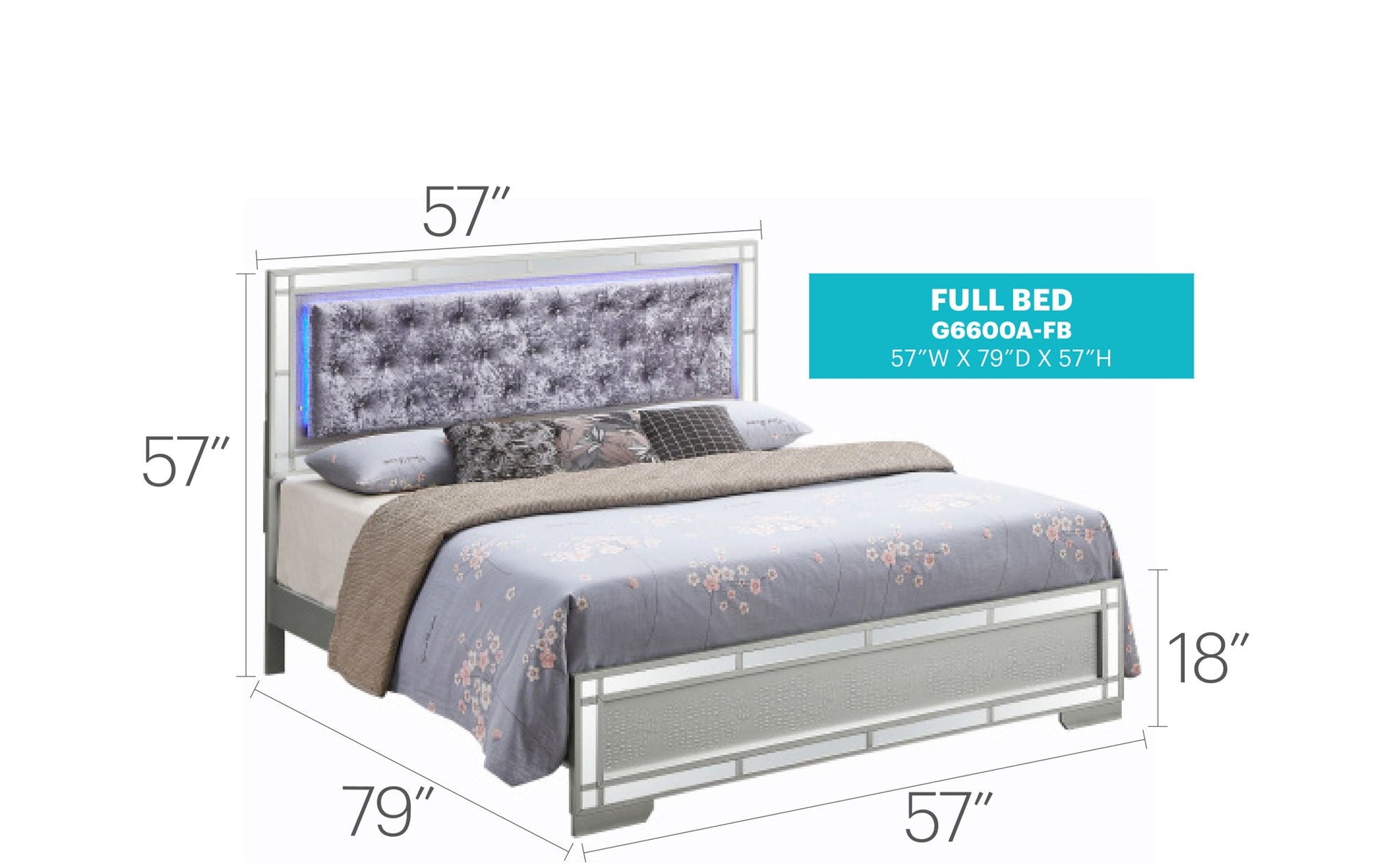 Madison Upholstered Bed With LED by HouseOfZazla, full bed with tufted gray headboard on Tampa Home & Garden Store