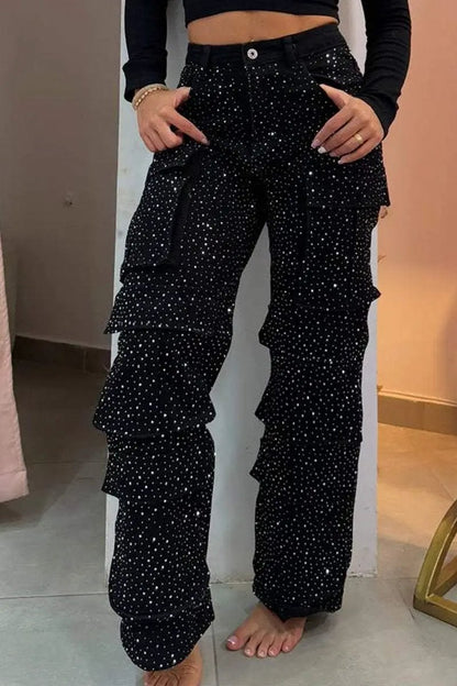 Women's black speckled cargo jeans with pockets and tiered ruffle panels FLIPSTYLEZLLC on Tampa Home & Garden Store