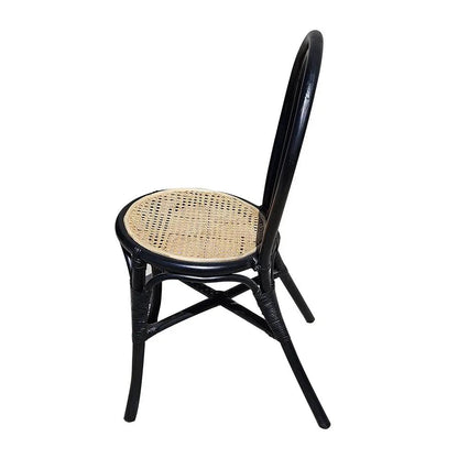 Black rattan dining chair with caned seat and curved backrest on Tampa Home & Garden Store
