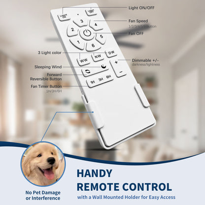 Ceiling fan remote control with 6 speeds, light on/off, dimmable LED, wall-mount holder on Tampa Home & Garden Store