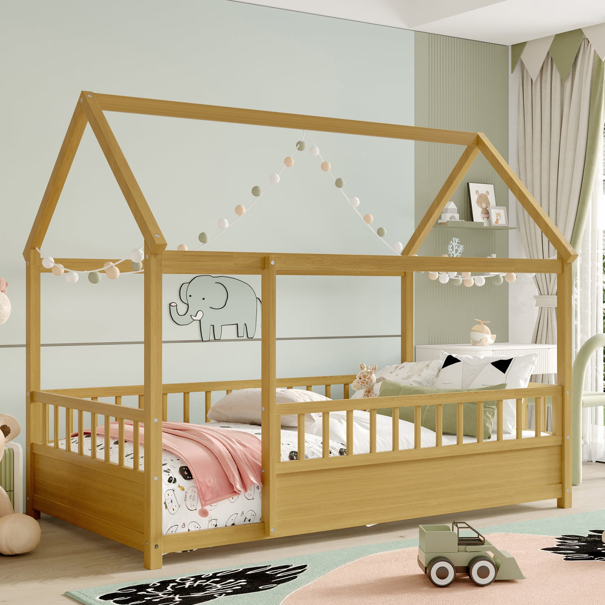 Twin size pine floor bed with house roof frame by HouseOfZazla in a kid's room on Tampa Home & Garden Store
