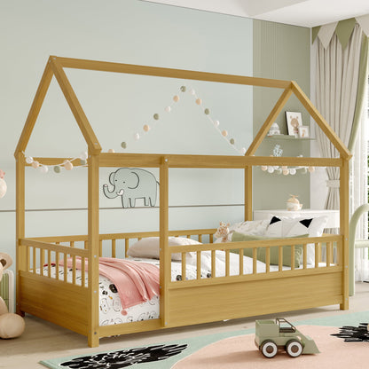 Twin size pine floor bed with house roof frame by HouseOfZazla in a kid's room on Tampa Home & Garden Store