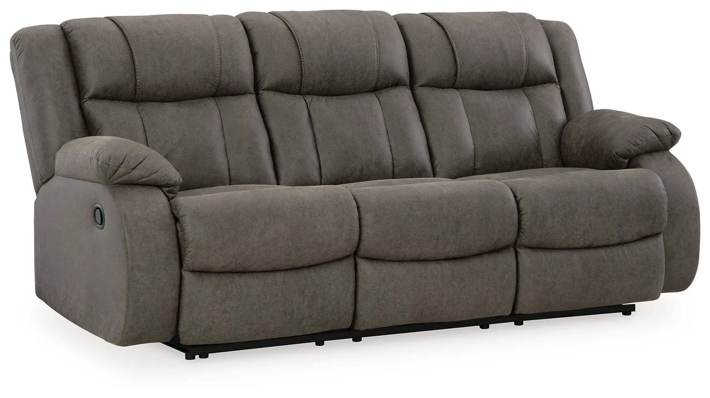First Base reclining sofa gunmetal gray fabric with plush back cushions Unique Piece Furniture on Tampa Home & Garden Store