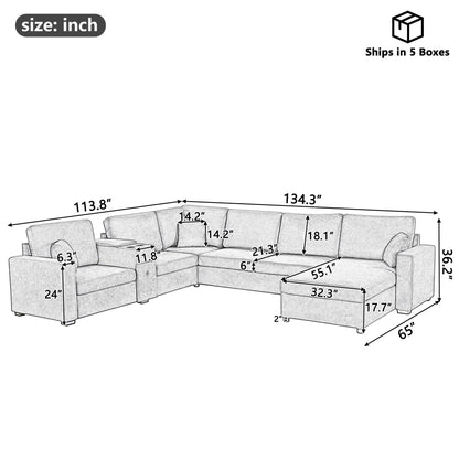 Modular 5-seat U-shaped sofa with chaise in gray fabric; cup holders and storage drawer on Tampa Home & Garden Store