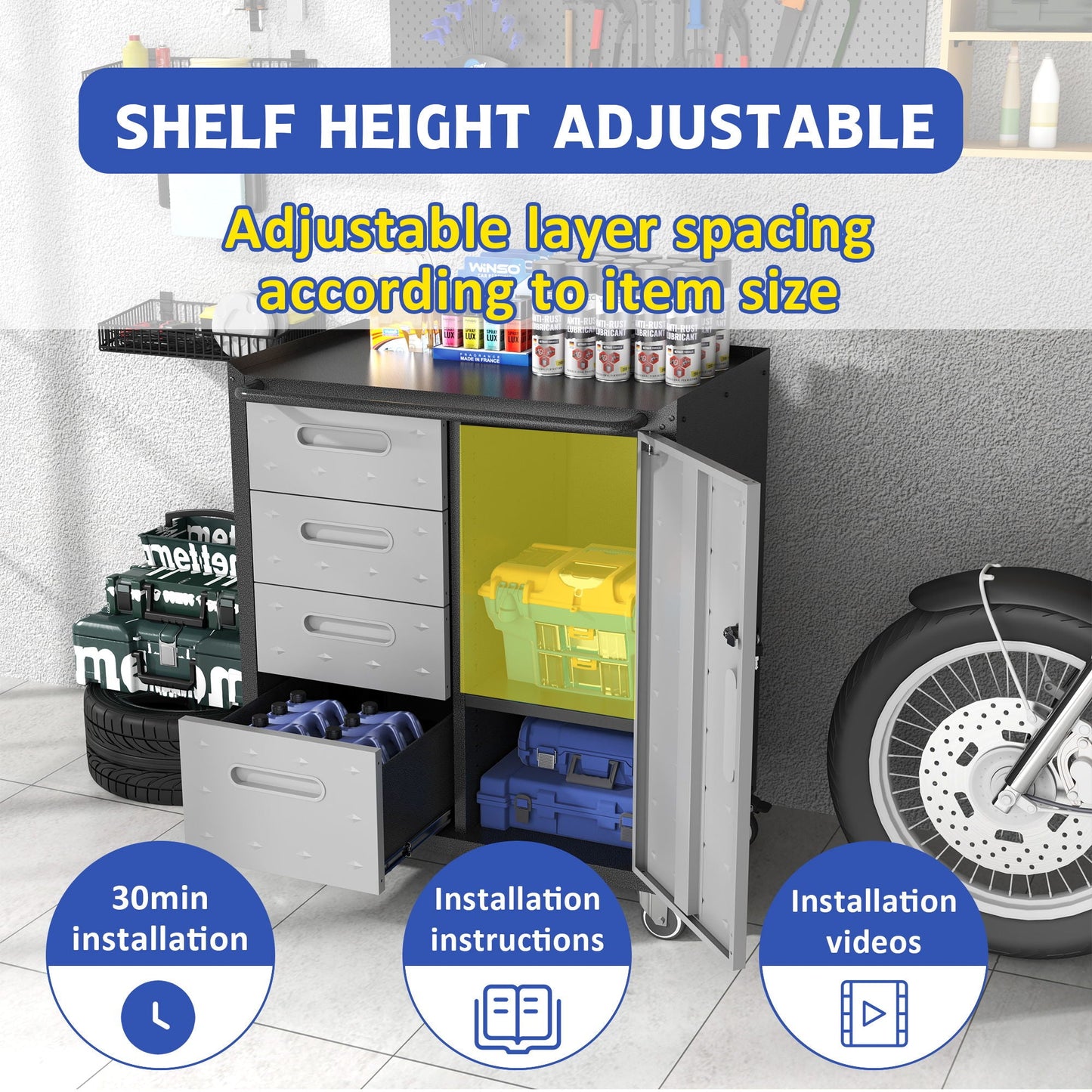 Sturdy metal tool storage cabinet on wheels with gray drawers and yellow side panel on Tampa Home & Garden Store