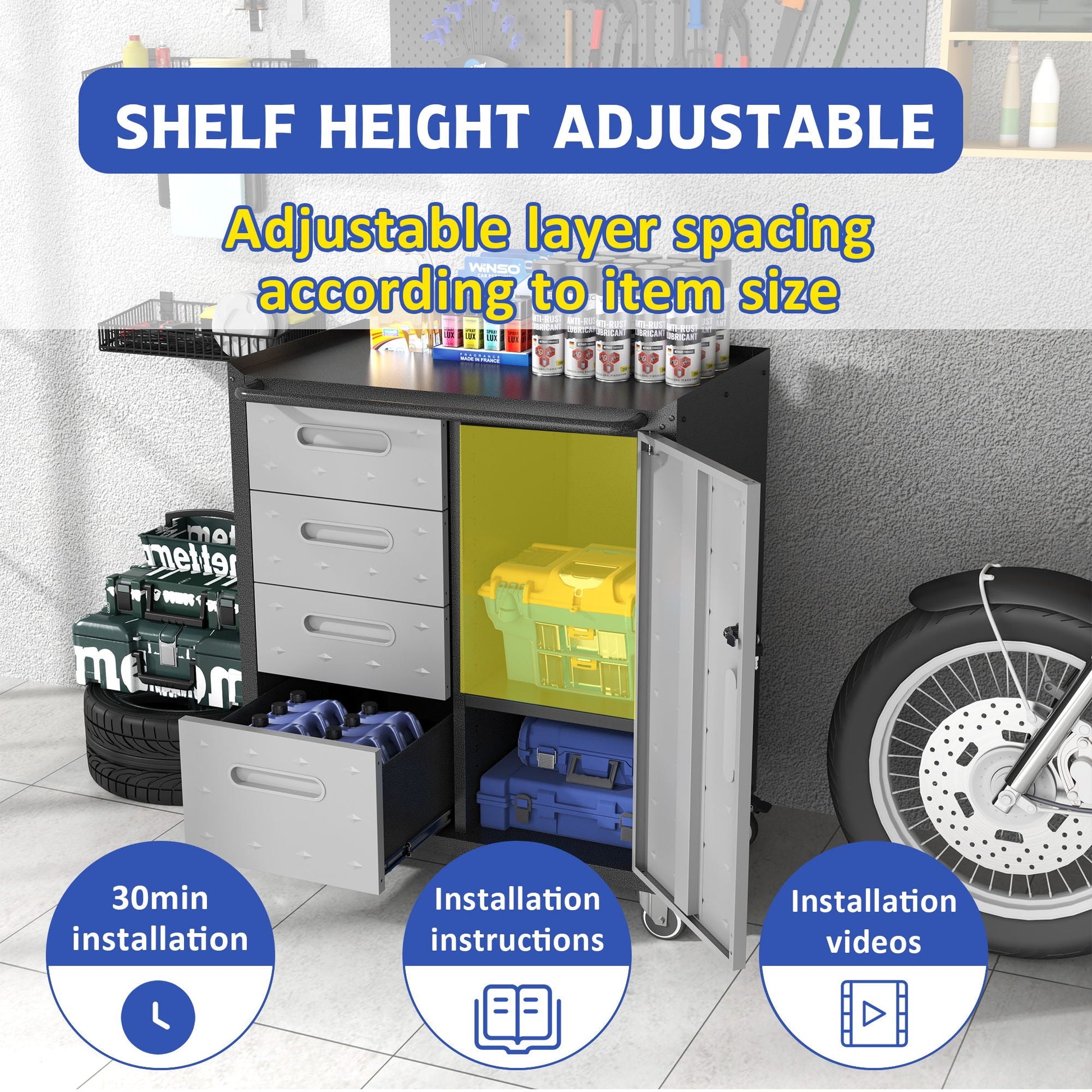 Sturdy metal tool storage cabinet on wheels with gray drawers and yellow side panel on Tampa Home & Garden Store