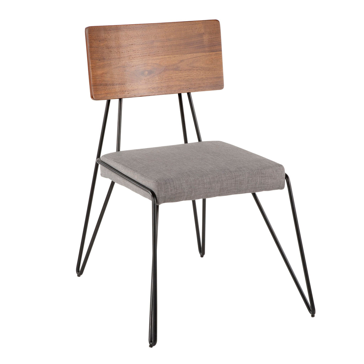 Mid-Century Modern chair set with walnut backrest, black hairpin legs, gray fabric seat on Tampa Home & Garden Store