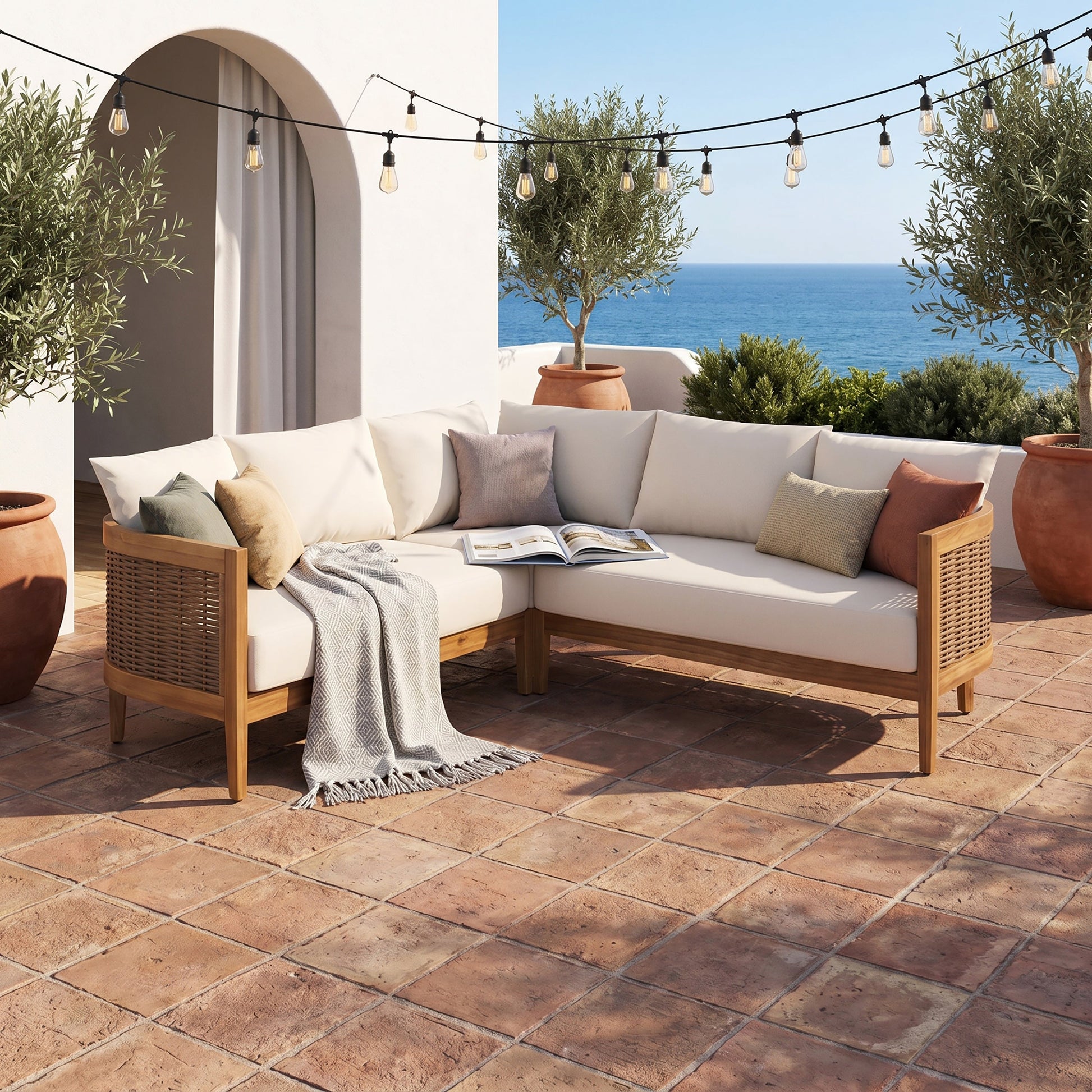 5-Seater Outdoor Patio Sofa Set HouseOfZazla with white cushions and wicker frame on Tampa Home & Garden Store