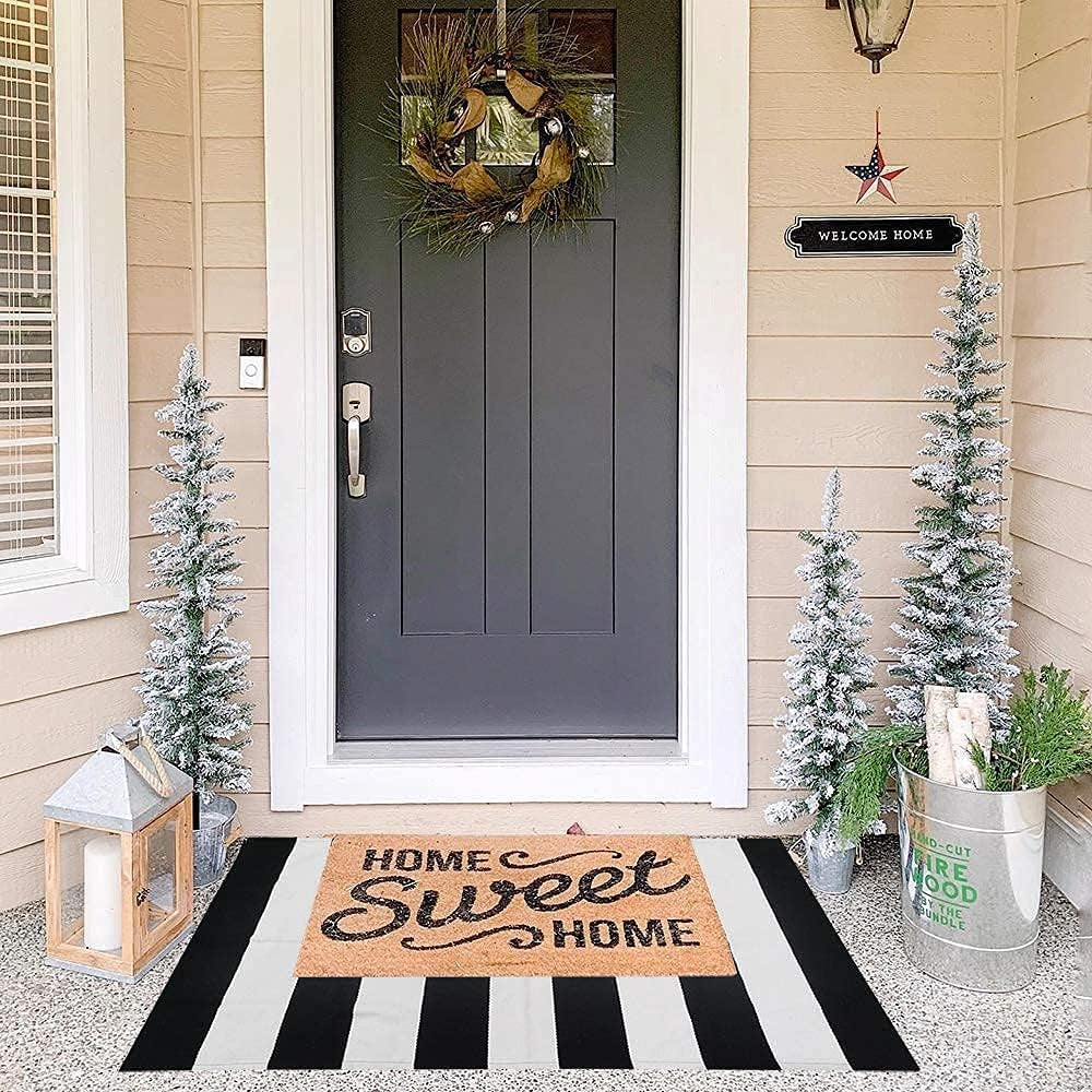 Oversized Black and White Striped Cotton Outdoor Rug – Reversible Farmhouse Porch Mat for Indoor & Outdoor Use, 27.5” x 43”